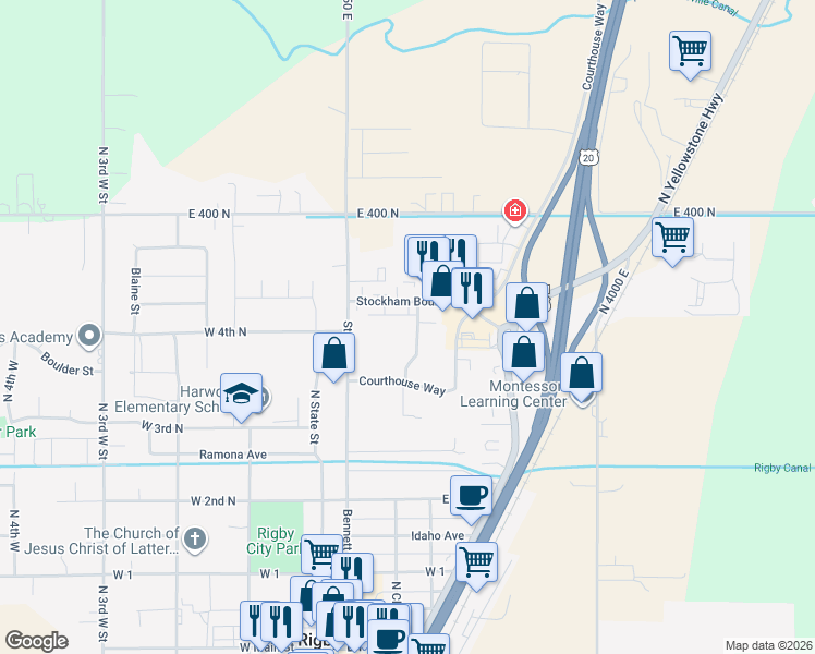 map of restaurants, bars, coffee shops, grocery stores, and more near 194 Stockham Boulevard in Rigby