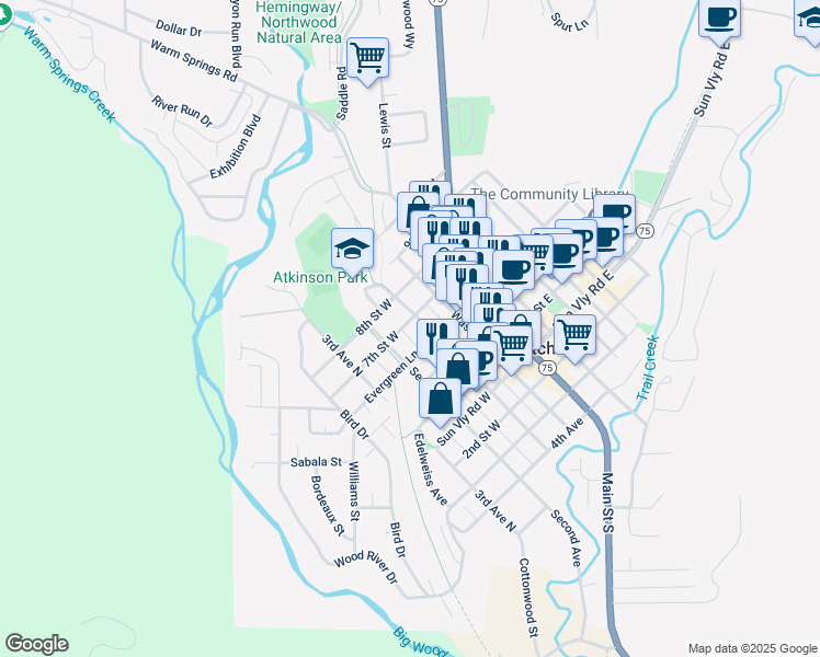 map of restaurants, bars, coffee shops, grocery stores, and more near 691 1st Avenue North in Ketchum