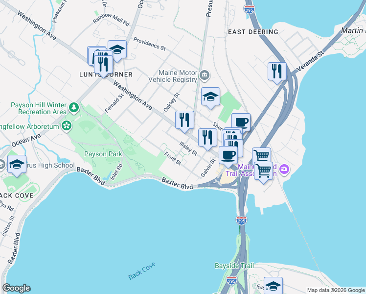 map of restaurants, bars, coffee shops, grocery stores, and more near 13 Presumpscot Street West in Portland
