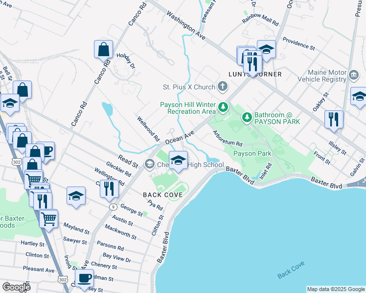 map of restaurants, bars, coffee shops, grocery stores, and more near 2 Back Cove Estates Road in Portland