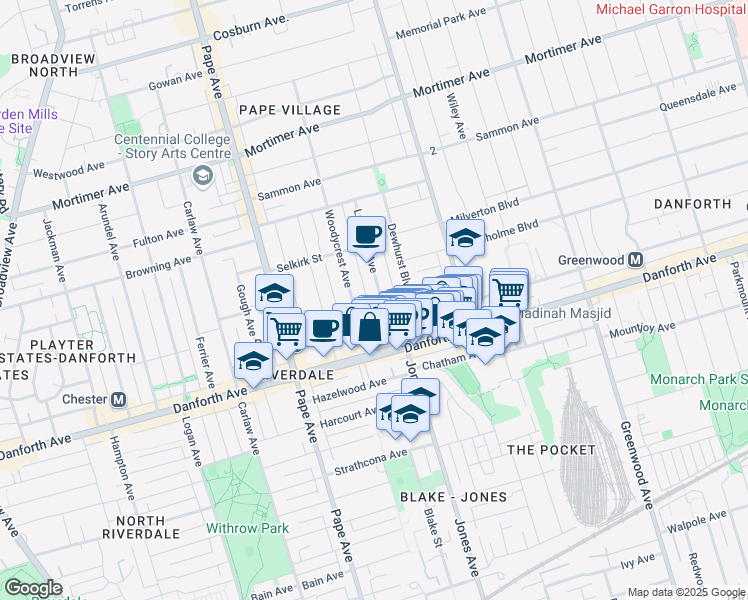map of restaurants, bars, coffee shops, grocery stores, and more near in Toronto
