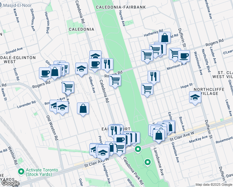map of restaurants, bars, coffee shops, grocery stores, and more near 227 R McRoberts Avenue in Toronto