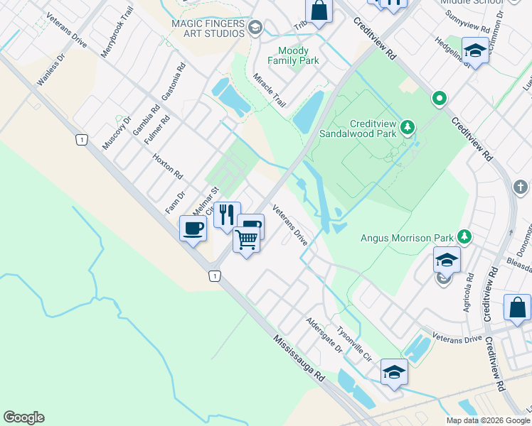 map of restaurants, bars, coffee shops, grocery stores, and more near 100 Dufay Road in Brampton