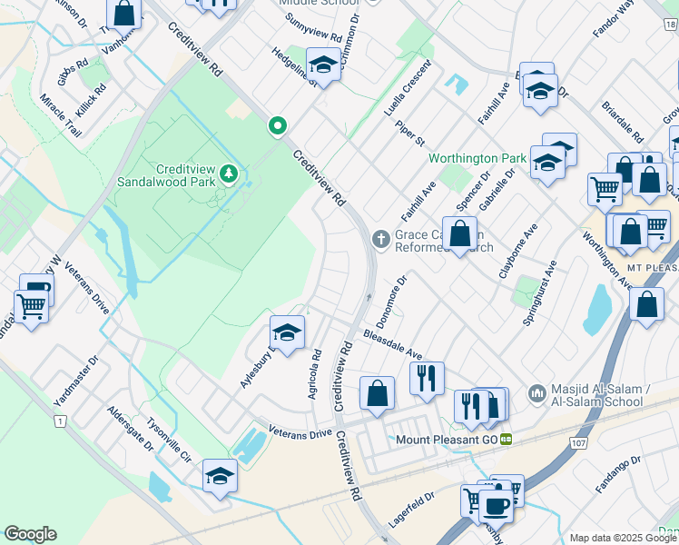 map of restaurants, bars, coffee shops, grocery stores, and more near Bryony Road in Brampton