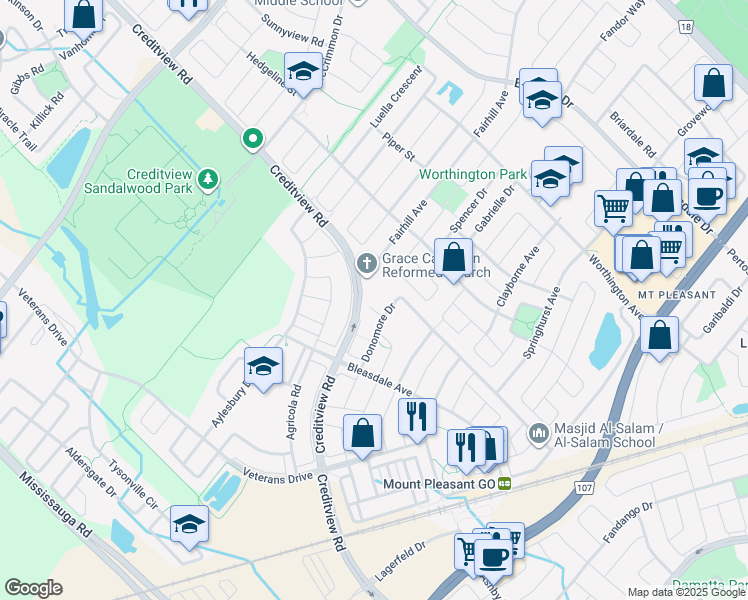 map of restaurants, bars, coffee shops, grocery stores, and more near 22 Saunter Court in Brampton