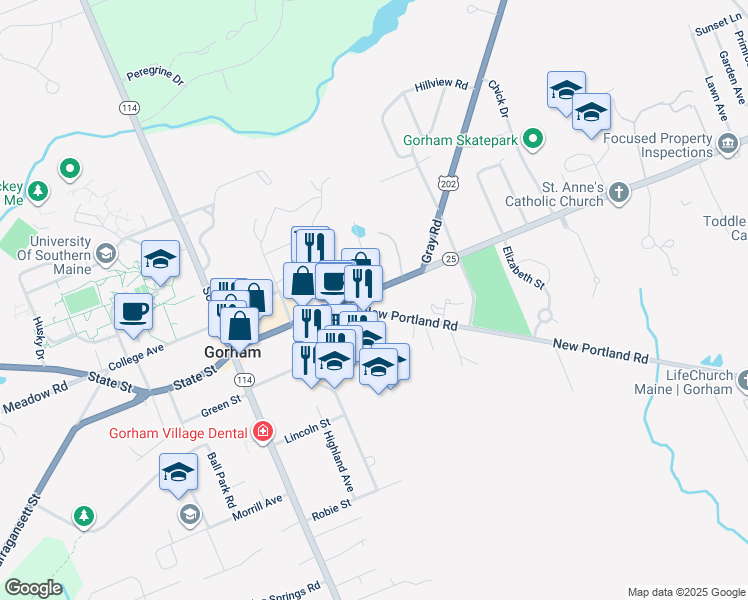 map of restaurants, bars, coffee shops, grocery stores, and more near 151 Main Street in Gorham