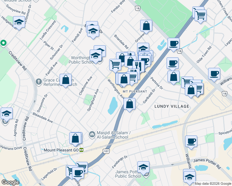 map of restaurants, bars, coffee shops, grocery stores, and more near 12 Worthington Avenue in Brampton