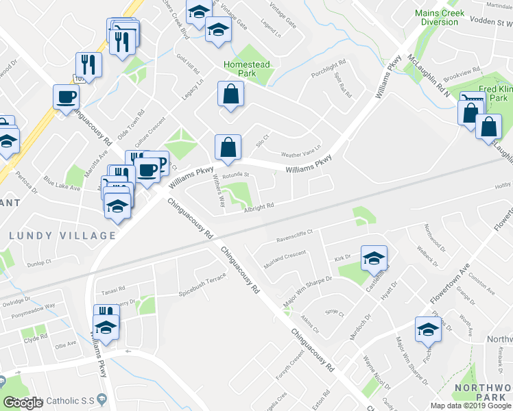 map of restaurants, bars, coffee shops, grocery stores, and more near 85 Albright Road in Brampton