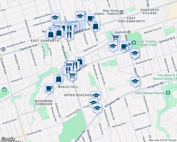 map of restaurants, bars, coffee shops, grocery stores, and more near 44 Beach View Crescent in Toronto