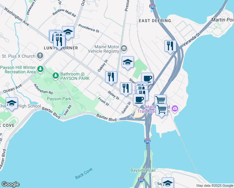 map of restaurants, bars, coffee shops, grocery stores, and more near 572 Maine 26 in Portland