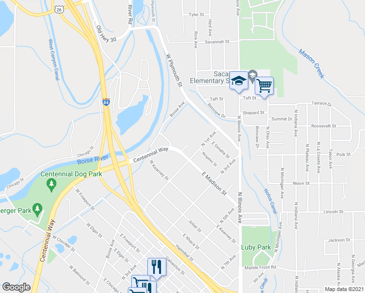 map of restaurants, bars, coffee shops, grocery stores, and more near 1405 River Run Ln in Caldwell