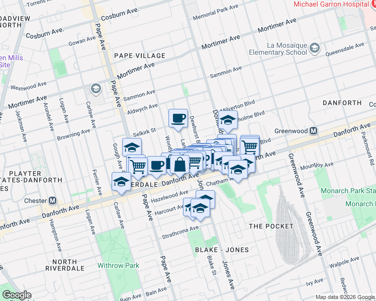 map of restaurants, bars, coffee shops, grocery stores, and more near 61 Langford Avenue in Toronto