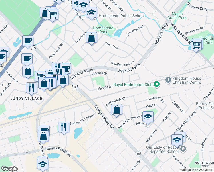 map of restaurants, bars, coffee shops, grocery stores, and more near 85 Albright Road in Brampton