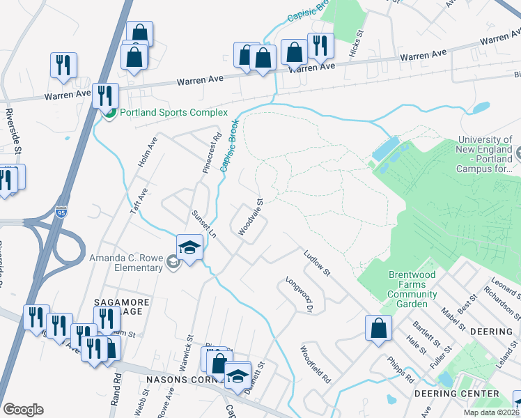 map of restaurants, bars, coffee shops, grocery stores, and more near 65 Glen Haven Road West in Portland