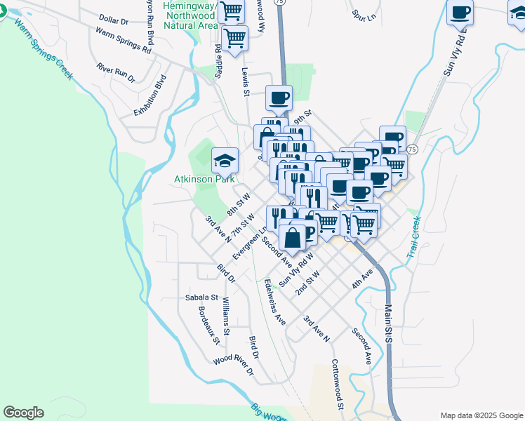 map of restaurants, bars, coffee shops, grocery stores, and more near 691 1st Avenue North in Ketchum