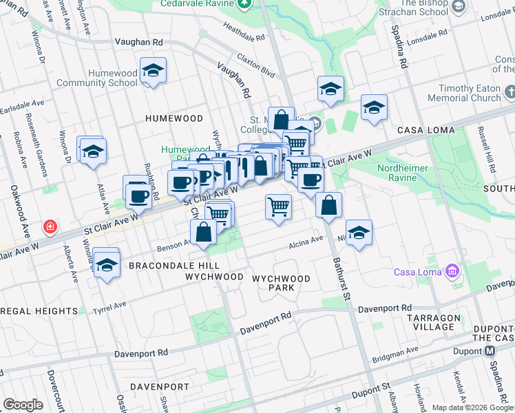map of restaurants, bars, coffee shops, grocery stores, and more near 69 Ellsworth Avenue in Toronto
