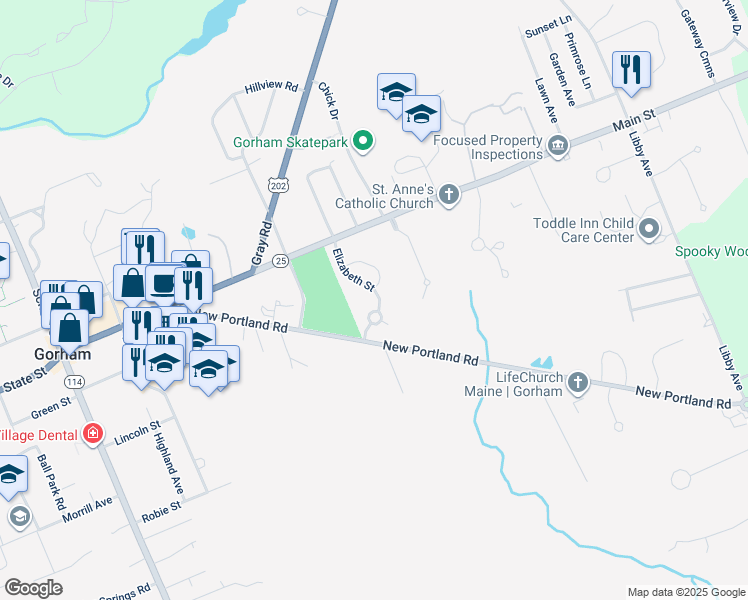 map of restaurants, bars, coffee shops, grocery stores, and more near 33 Tink Drive in Gorham