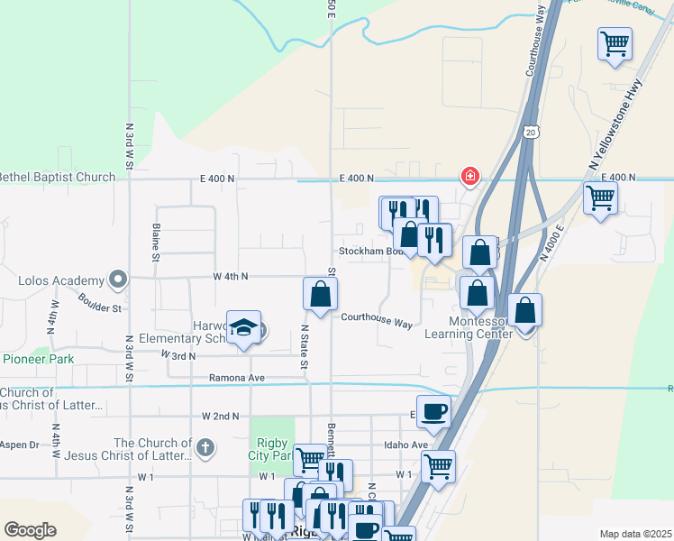 map of restaurants, bars, coffee shops, grocery stores, and more near 510 Annis Highway in Rigby