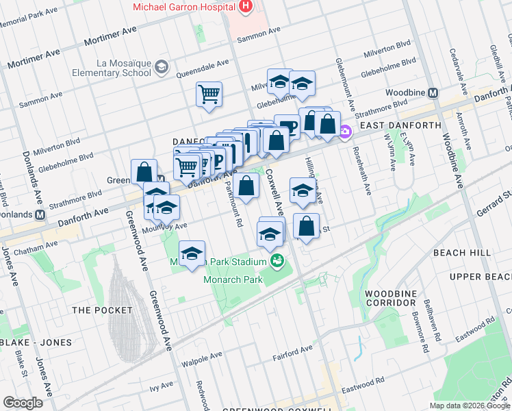 map of restaurants, bars, coffee shops, grocery stores, and more near 670 Rhodes Avenue in Toronto