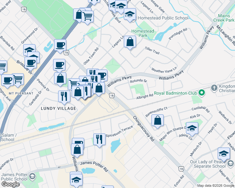 map of restaurants, bars, coffee shops, grocery stores, and more near 35 Albright Road in Brampton