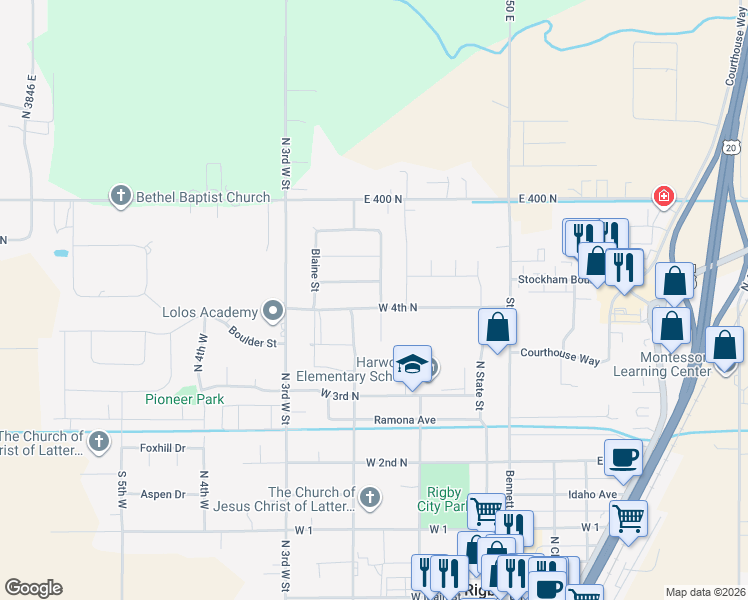map of restaurants, bars, coffee shops, grocery stores, and more near 507 Marian St in Rigby