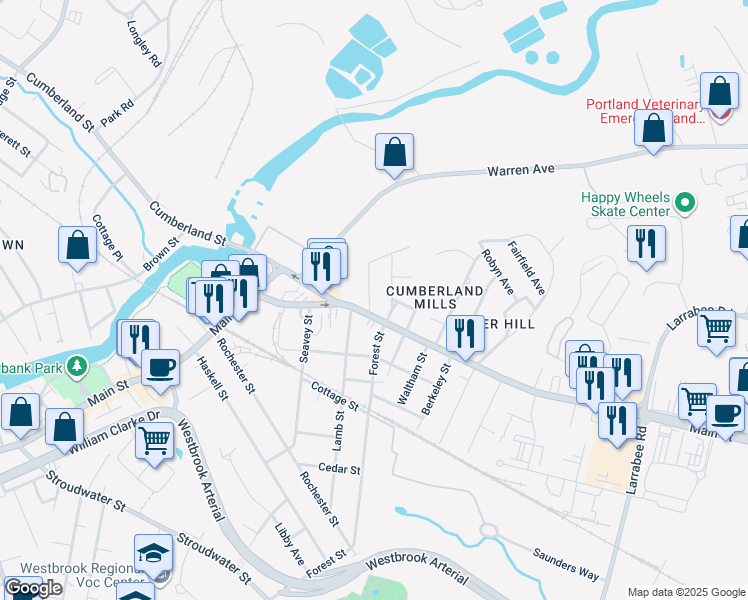 map of restaurants, bars, coffee shops, grocery stores, and more near 32 State Street in Westbrook