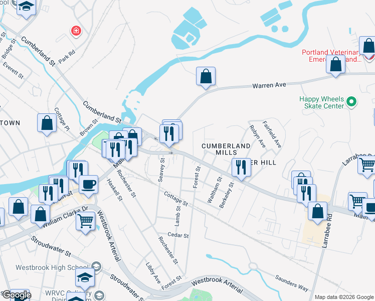 map of restaurants, bars, coffee shops, grocery stores, and more near 399 Main Street in Westbrook