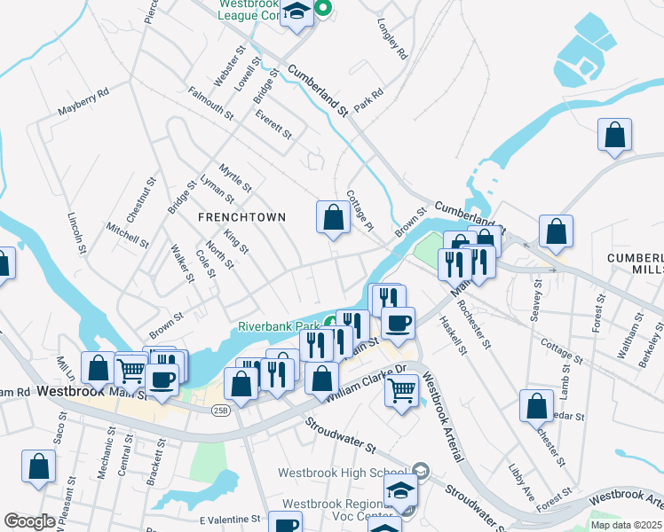 map of restaurants, bars, coffee shops, grocery stores, and more near 130 Brown Street in Westbrook