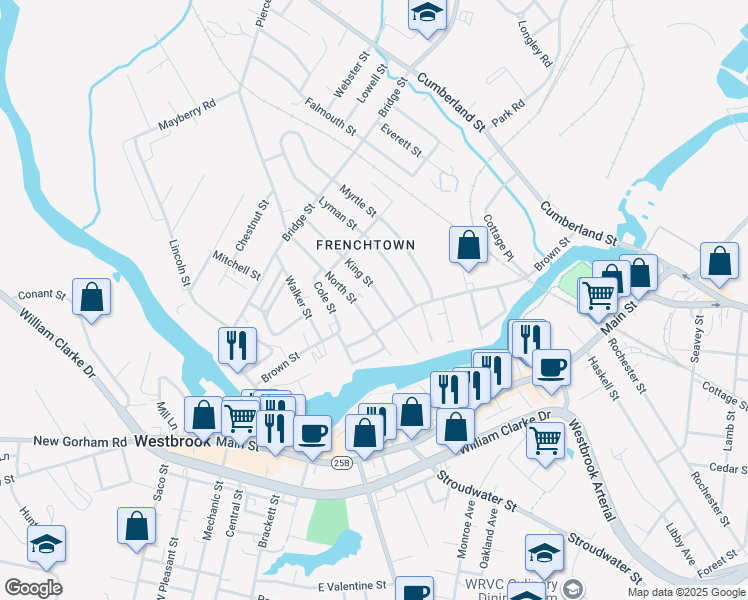 map of restaurants, bars, coffee shops, grocery stores, and more near 67 King Street in Westbrook