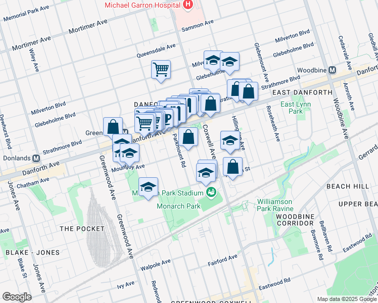 map of restaurants, bars, coffee shops, grocery stores, and more near in Toronto