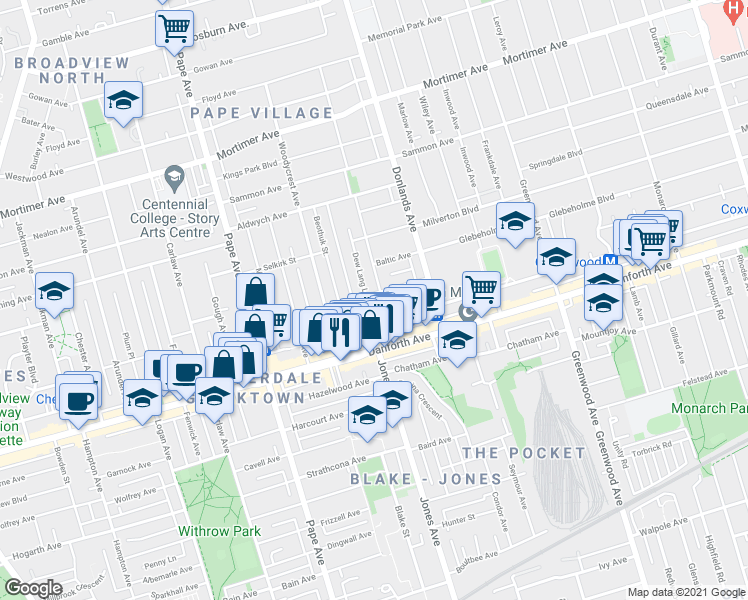 map of restaurants, bars, coffee shops, grocery stores, and more near in Toronto