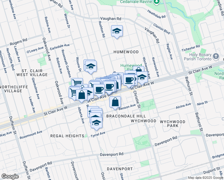map of restaurants, bars, coffee shops, grocery stores, and more near 781 Saint Clair Avenue West in Toronto