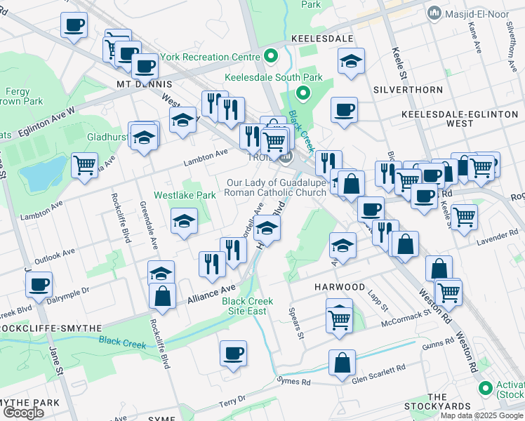 map of restaurants, bars, coffee shops, grocery stores, and more near in Toronto