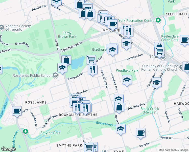 map of restaurants, bars, coffee shops, grocery stores, and more near in Toronto