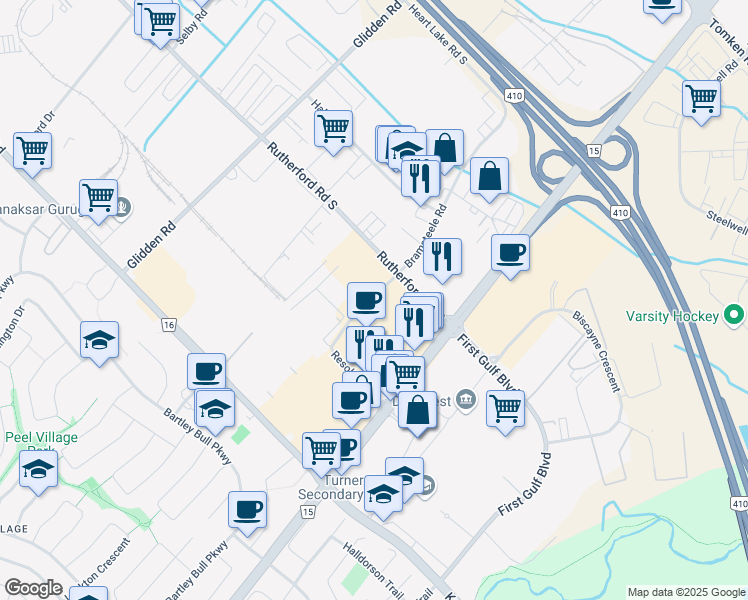 map of restaurants, bars, coffee shops, grocery stores, and more near in Brampton