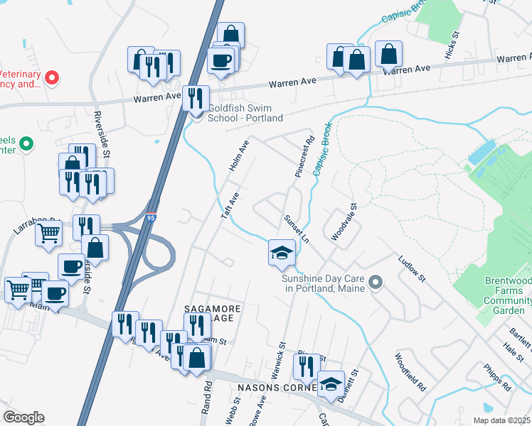 map of restaurants, bars, coffee shops, grocery stores, and more near 46 Birchvale Drive in Portland
