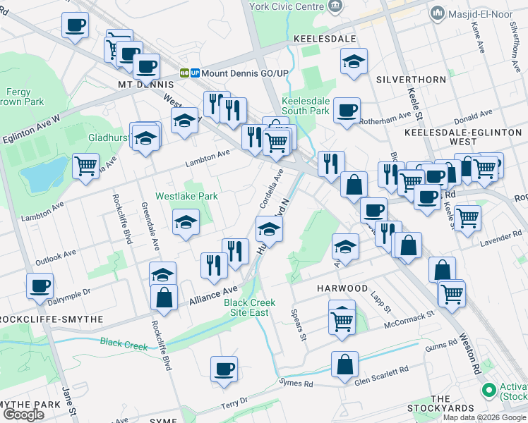 map of restaurants, bars, coffee shops, grocery stores, and more near 49 Cordella Avenue in Toronto