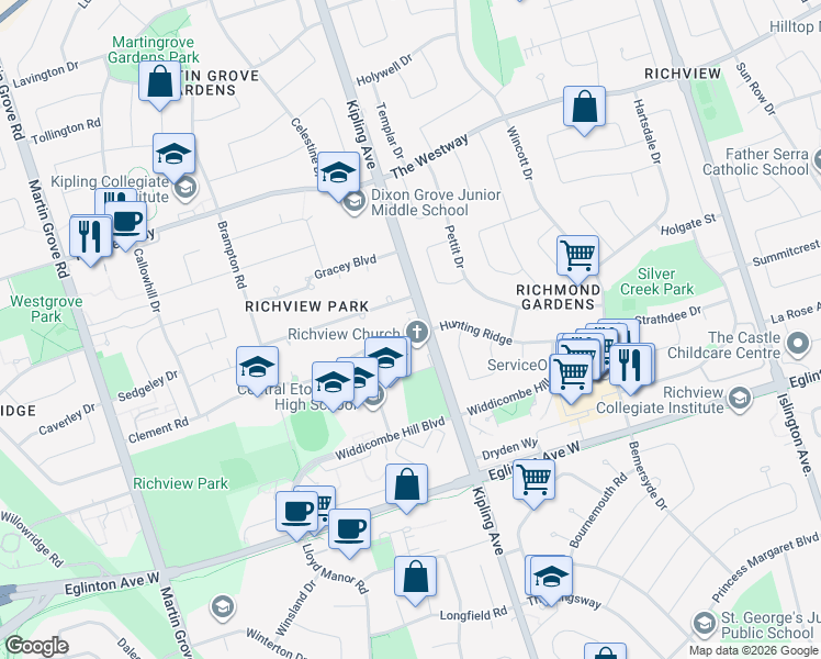 map of restaurants, bars, coffee shops, grocery stores, and more near in Toronto