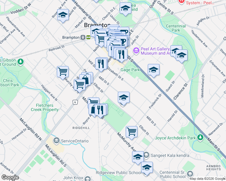 map of restaurants, bars, coffee shops, grocery stores, and more near 33 Mill Street South in Brampton