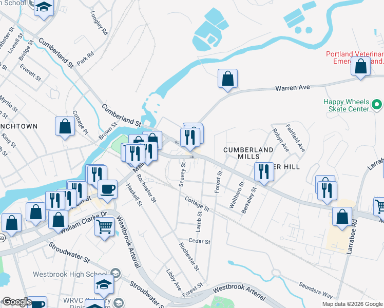 map of restaurants, bars, coffee shops, grocery stores, and more near 8 Cumberland Street in Westbrook