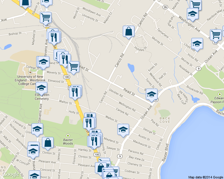 map of restaurants, bars, coffee shops, grocery stores, and more near 123 Gleckler Rd in Portland