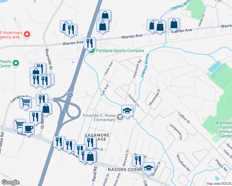 map of restaurants, bars, coffee shops, grocery stores, and more near 46 Birchvale Drive in Portland