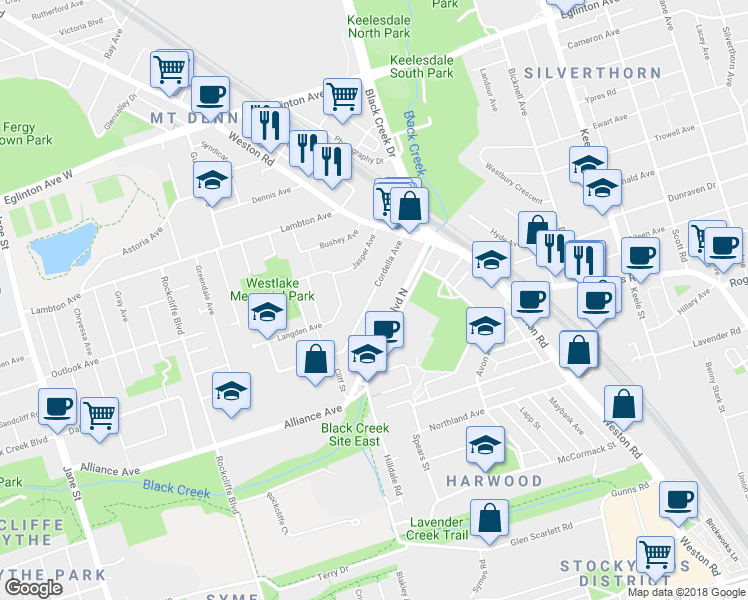 map of restaurants, bars, coffee shops, grocery stores, and more near 49 Cordella Avenue in Toronto