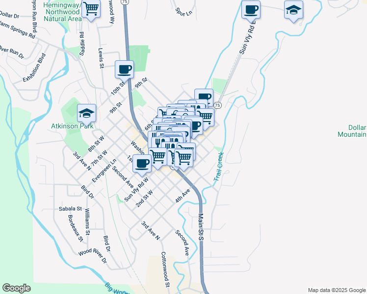 map of restaurants, bars, coffee shops, grocery stores, and more near 460 Sun Valley Road in Ketchum
