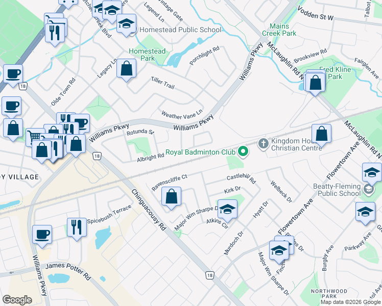 map of restaurants, bars, coffee shops, grocery stores, and more near 210 Albright Road in Brampton