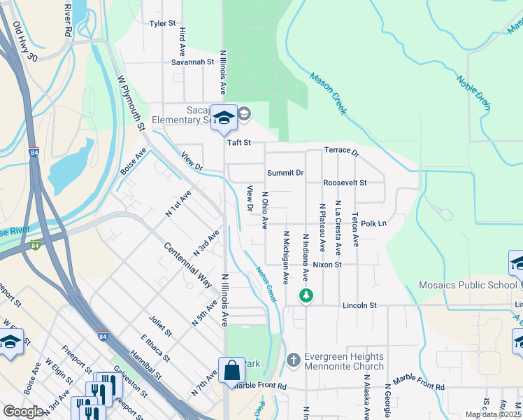 map of restaurants, bars, coffee shops, grocery stores, and more near 1321 North Ohio Avenue in Caldwell