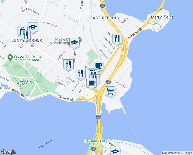 map of restaurants, bars, coffee shops, grocery stores, and more near 36 Veranda Street in Portland