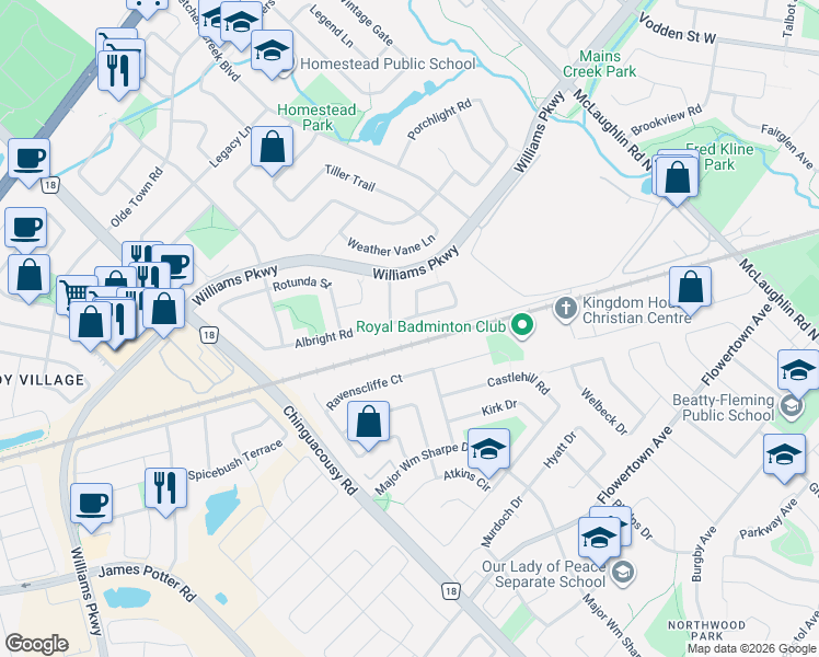 map of restaurants, bars, coffee shops, grocery stores, and more near 222 Albright Road in Brampton