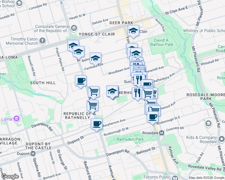 map of restaurants, bars, coffee shops, grocery stores, and more near 102 Alcorn Avenue in Toronto