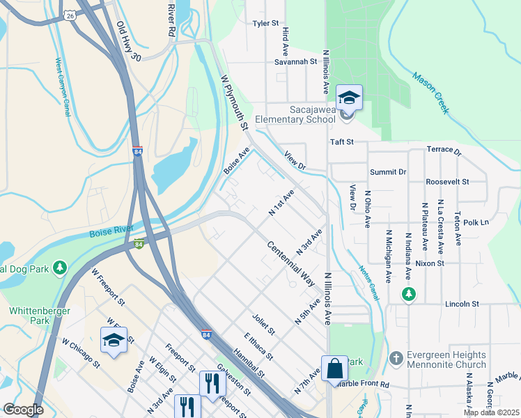 map of restaurants, bars, coffee shops, grocery stores, and more near 1507 North 1st Avenue in Caldwell